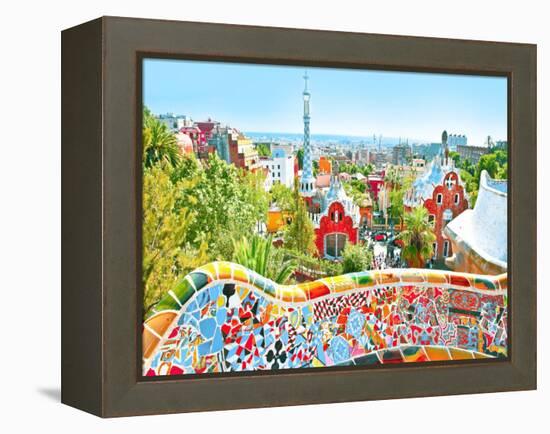 The Famous Summer Park Guell Over Bright Blue Sky In Barcelona, Spain-Vladitto-Framed Stretched Canvas