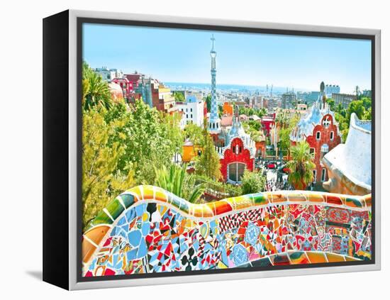 The Famous Summer Park Guell Over Bright Blue Sky In Barcelona, Spain-Vladitto-Framed Stretched Canvas