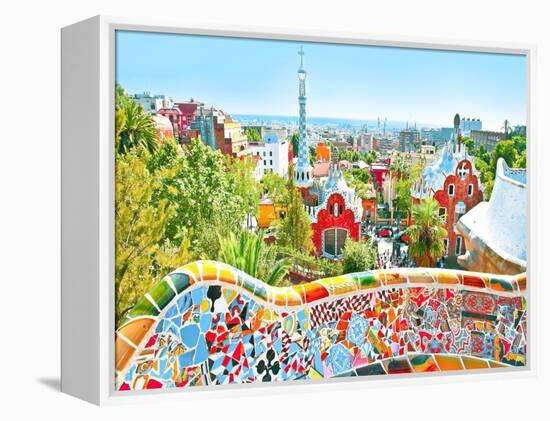 The Famous Summer Park Guell Over Bright Blue Sky In Barcelona, Spain-Vladitto-Framed Stretched Canvas