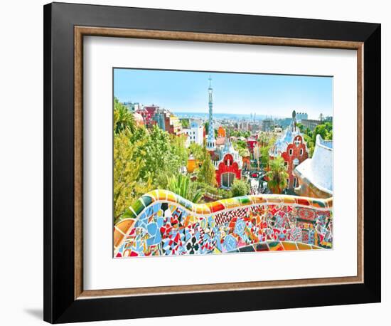 The Famous Summer Park Guell Over Bright Blue Sky In Barcelona, Spain-Vladitto-Framed Art Print