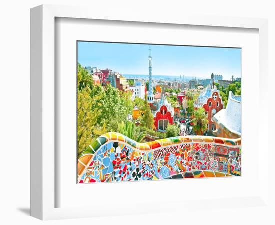 The Famous Summer Park Guell Over Bright Blue Sky In Barcelona, Spain-Vladitto-Framed Art Print