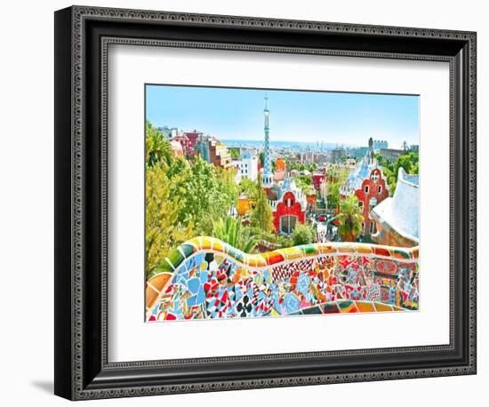 The Famous Summer Park Guell Over Bright Blue Sky In Barcelona, Spain-Vladitto-Framed Art Print