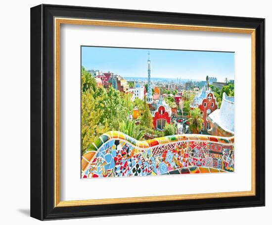 The Famous Summer Park Guell Over Bright Blue Sky In Barcelona, Spain-Vladitto-Framed Art Print