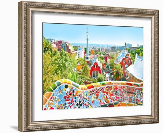 The Famous Summer Park Guell Over Bright Blue Sky In Barcelona, Spain-Vladitto-Framed Art Print
