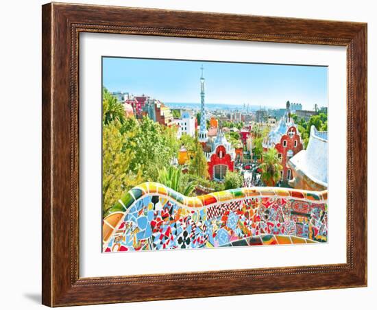 The Famous Summer Park Guell Over Bright Blue Sky In Barcelona, Spain-Vladitto-Framed Art Print