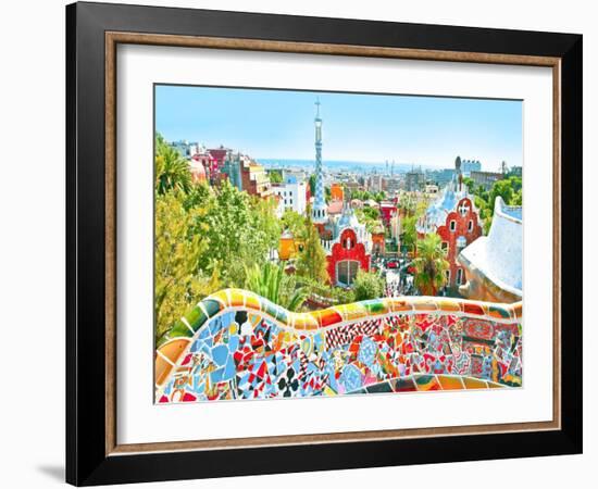 The Famous Summer Park Guell Over Bright Blue Sky In Barcelona, Spain-Vladitto-Framed Art Print