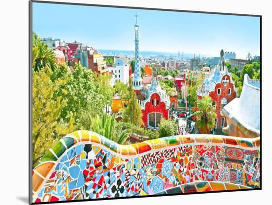 The Famous Summer Park Guell Over Bright Blue Sky In Barcelona, Spain-Vladitto-Mounted Art Print