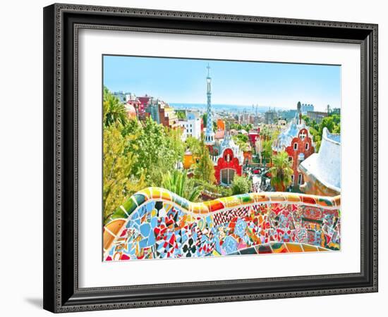 The Famous Summer Park Guell Over Bright Blue Sky In Barcelona, Spain-Vladitto-Framed Art Print