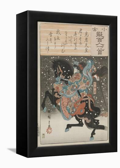 The female samurai warrior Tomoe Gozen with a poem by Emperor Koko, 1845-46-Ando or Utagawa Hiroshige-Framed Premier Image Canvas