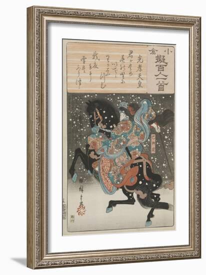 The female samurai warrior Tomoe Gozen with a poem by Emperor Koko, 1845-46-Ando or Utagawa Hiroshige-Framed Giclee Print