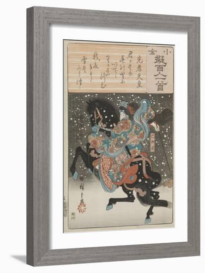 The female samurai warrior Tomoe Gozen with a poem by Emperor Koko, 1845-46-Ando or Utagawa Hiroshige-Framed Giclee Print