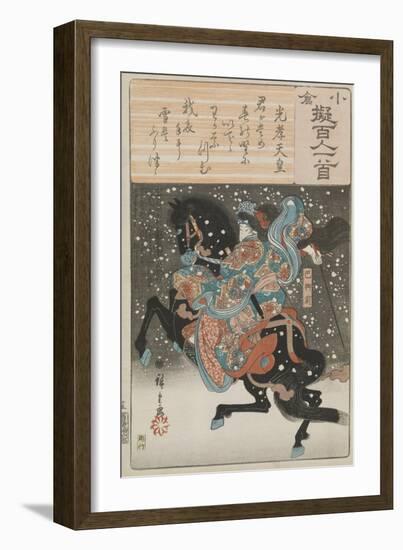 The female samurai warrior Tomoe Gozen with a poem by Emperor Koko, 1845-46-Ando or Utagawa Hiroshige-Framed Giclee Print