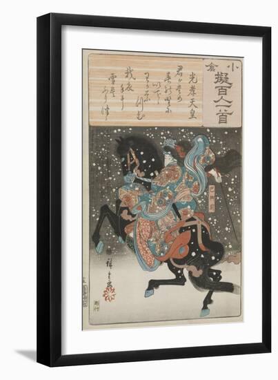 The female samurai warrior Tomoe Gozen with a poem by Emperor Koko, 1845-46-Ando or Utagawa Hiroshige-Framed Giclee Print