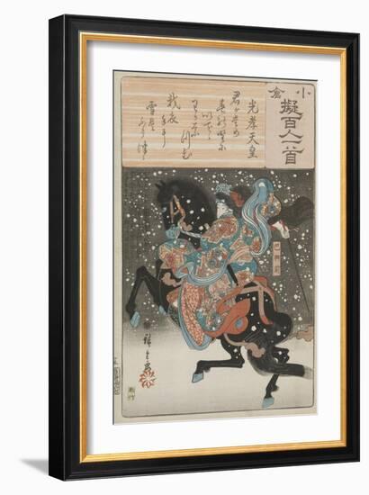 The female samurai warrior Tomoe Gozen with a poem by Emperor Koko, 1845-46-Ando or Utagawa Hiroshige-Framed Giclee Print