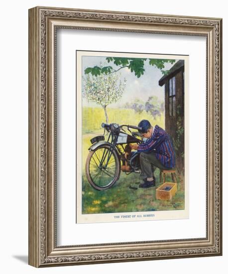 "The Finest of All Hobbies", a Boy Tinkers with His Motor Bike-Algernon Fovie-Framed Art Print