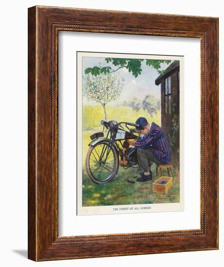 "The Finest of All Hobbies", a Boy Tinkers with His Motor Bike-Algernon Fovie-Framed Art Print