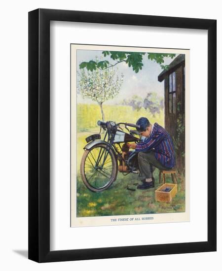 "The Finest of All Hobbies", a Boy Tinkers with His Motor Bike-Algernon Fovie-Framed Art Print