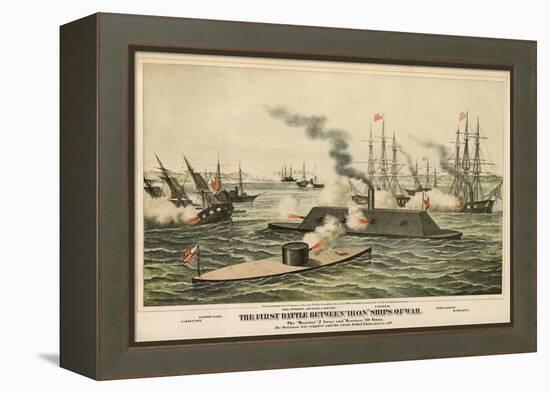 The First Battle Between 'Iron' Ships of War, Published C.1862-Henry Bill-Framed Premier Image Canvas