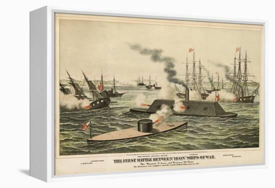 The First Battle Between 'Iron' Ships of War, Published C.1862-Henry Bill-Framed Premier Image Canvas