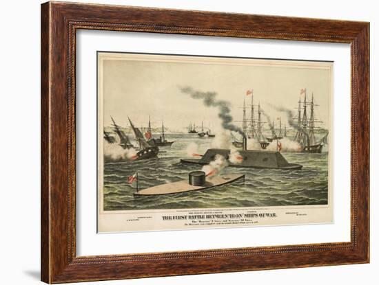 The First Battle Between 'Iron' Ships of War, Published C.1862-Henry Bill-Framed Giclee Print