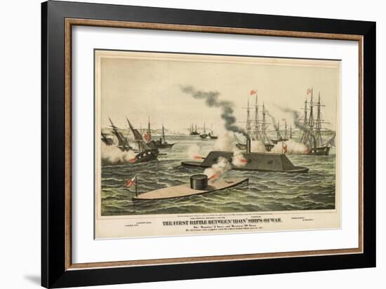 The First Battle Between 'Iron' Ships of War, Published C.1862-Henry Bill-Framed Giclee Print