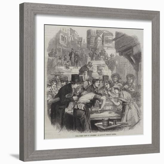 The First Day of Oysters, a London Street Scene-null-Framed Giclee Print