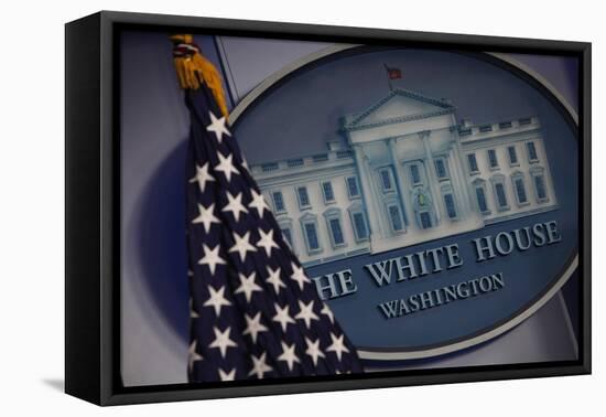 The Flag and Seal at a White House Press Briefing-Dennis Brack-Framed Premier Image Canvas