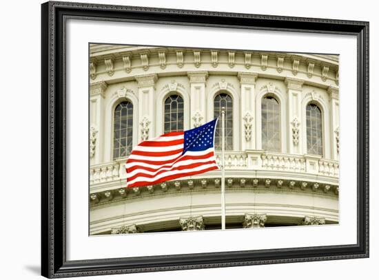 The Flag of the USA Flying in Front of the Capitol Building in Washington, Dc.-Gary Blakeley-Framed Photographic Print