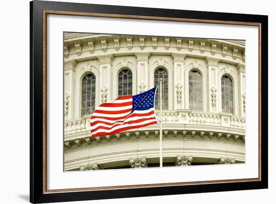 The Flag of the USA Flying in Front of the Capitol Building in Washington, Dc.-Gary Blakeley-Framed Photographic Print