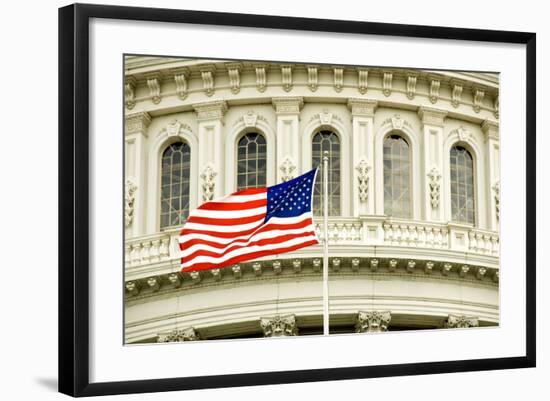 The Flag of the USA Flying in Front of the Capitol Building in Washington, Dc.-Gary Blakeley-Framed Photographic Print