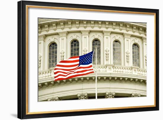 The Flag of the USA Flying in Front of the Capitol Building in Washington, Dc.-Gary Blakeley-Framed Photographic Print