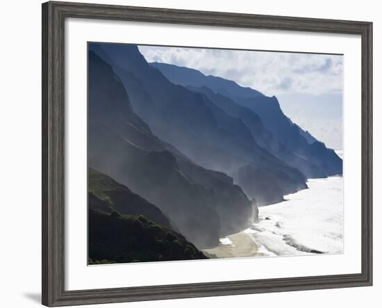 The Fluted Ridges of the Na Pali Coast Above the Crashing Surf on the North Shore of Kauai, Hawaii.-Sergio Ballivian-Framed Photographic Print