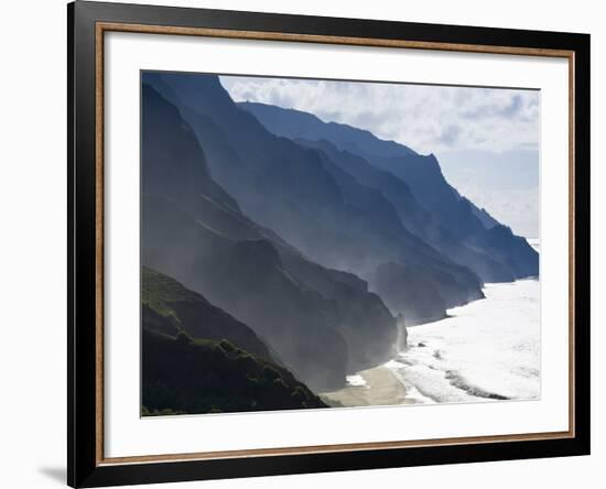 The Fluted Ridges of the Na Pali Coast Above the Crashing Surf on the North Shore of Kauai, Hawaii.-Sergio Ballivian-Framed Photographic Print