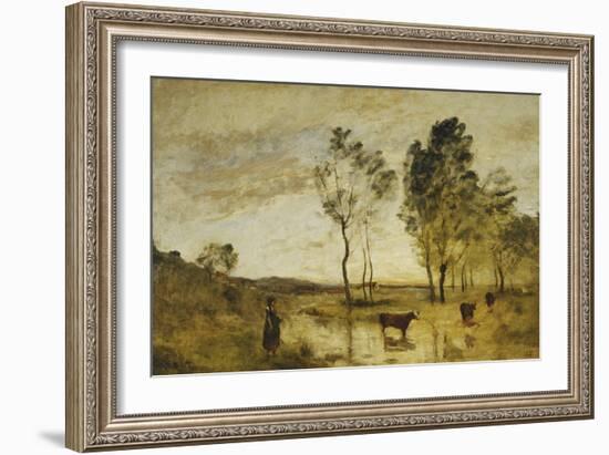 The Ford, Cows on the Edge of a Ford-Jean-Baptiste-Camille Corot-Framed Giclee Print