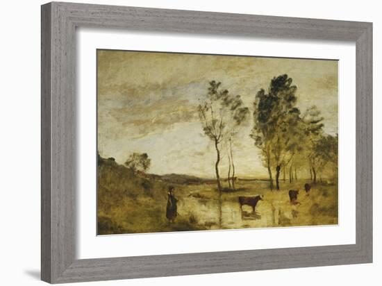 The Ford, Cows on the Edge of a Ford-Jean-Baptiste-Camille Corot-Framed Giclee Print