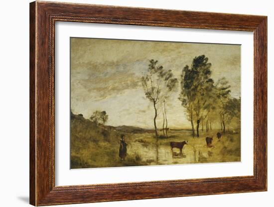 The Ford, Cows on the Edge of a Ford-Jean-Baptiste-Camille Corot-Framed Giclee Print