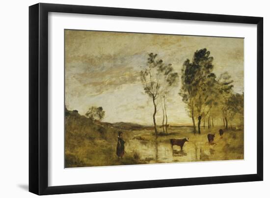 The Ford, Cows on the Edge of a Ford-Jean-Baptiste-Camille Corot-Framed Giclee Print