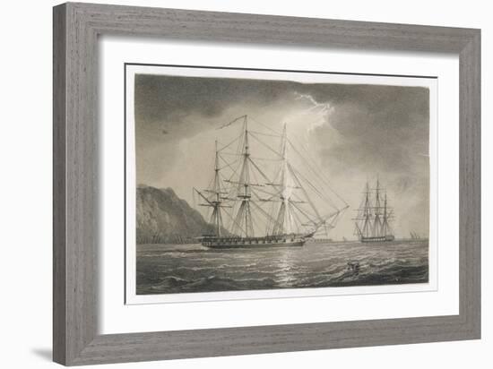 The Foremast of a Sailing Warship Anchored off the Coast is Struck by a Shaft of Lightning-null-Framed Art Print