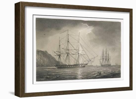 The Foremast of a Sailing Warship Anchored off the Coast is Struck by a Shaft of Lightning-null-Framed Art Print