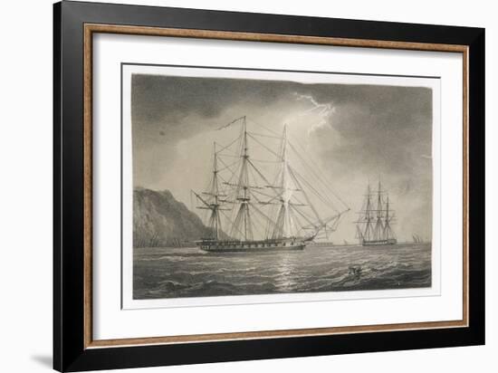 The Foremast of a Sailing Warship Anchored off the Coast is Struck by a Shaft of Lightning-null-Framed Art Print