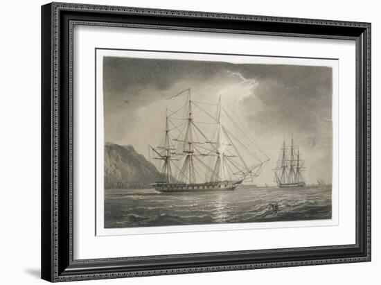 The Foremast of a Sailing Warship Anchored off the Coast is Struck by a Shaft of Lightning-null-Framed Art Print