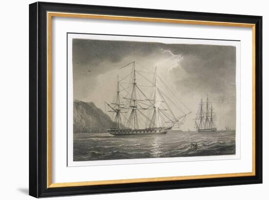 The Foremast of a Sailing Warship Anchored off the Coast is Struck by a Shaft of Lightning-null-Framed Art Print