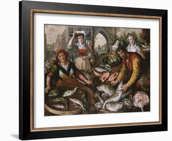 The Four Elements: a Fishmonger's Stall in a Town with the Miraculous Draught of Fishes Beyond -…-Joachim Beuckelaer-Framed Giclee Print