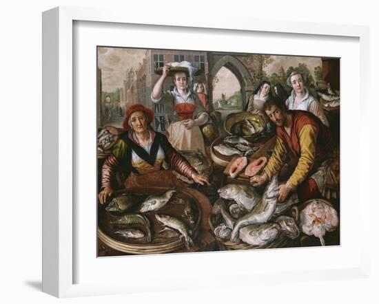 The Four Elements: a Fishmonger's Stall in a Town with the Miraculous Draught of Fishes Beyond -…-Joachim Beuckelaer-Framed Giclee Print