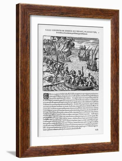 The French Sack Loot and Burn the Spanish-Held Town of Chorera-Theodor de Bry-Framed Art Print