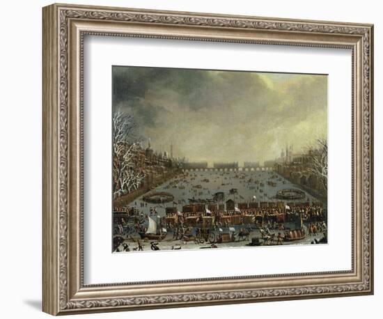 The Frost Fair of the Winter of 1683-4 on the Thames, with Old London Bridge in the Distance C.1685-English-Framed Giclee Print