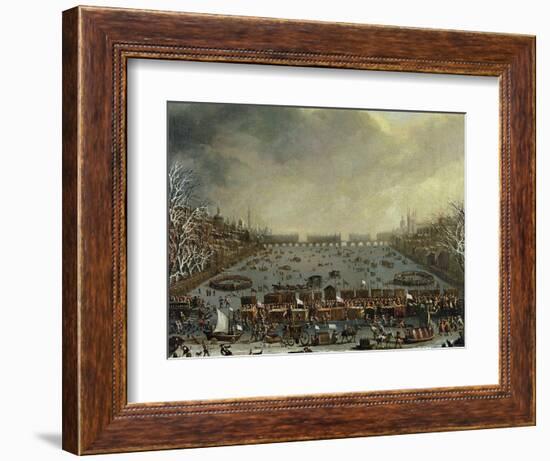 The Frost Fair of the Winter of 1683-4 on the Thames, with Old London Bridge in the Distance C.1685-English-Framed Giclee Print