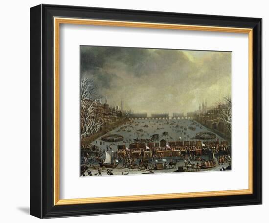 The Frost Fair of the Winter of 1683-4 on the Thames, with Old London Bridge in the Distance C.1685-English-Framed Giclee Print