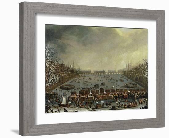 The Frost Fair of the Winter of 1683-4 on the Thames, with Old London Bridge in the Distance C.1685-English-Framed Giclee Print