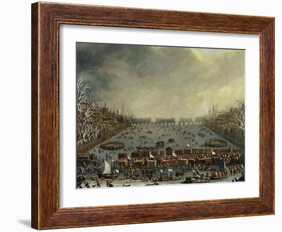 The Frost Fair of the Winter of 1683-4 on the Thames, with Old London Bridge in the Distance C.1685-English-Framed Giclee Print